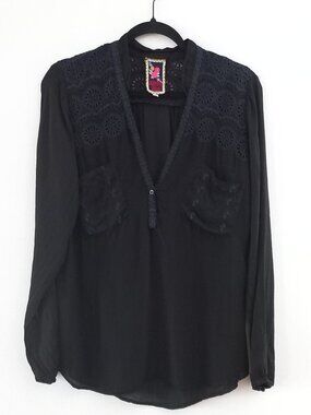 JOHNNY WAS black embroidered long sleeve blouse